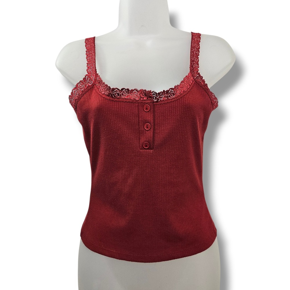 Ribbed Lace Trim Cami S Red Henley Tank Top Vintage 90s Y2K Valentine's Day
